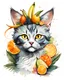 Placeholder: create an ethereal, illustration of a divine cartoon cat with soft facial features and a seductive look on a plain white background surrounding cat, in the style of Ralph Steadman, with a headpiece of tropical fruits, bananas, pineapples, citrus, cream, orange,painted in a faded colors,