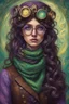Placeholder: A girl with long, wavy dark brown hair, steampunk glasses on her head, purple eyes, dressed in steampunk clothes, green scarf , Portrait of Van Gogh