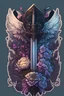 Placeholder: In the foreground, a sword. In the background, beautiful flowers, two big evil wings. In a dark fantasy style with gothic ornaments. make it for a sticker.