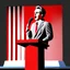 Placeholder: vector illustration man with a 50 centimeter long nose speaking at a lectern with microphone, (((black background))), white, black and red colors