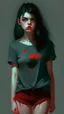 Placeholder: generate a full-length girl with gray-green sad eyes, with dark hair above the shoulders, a round face, not very plump lips, in a black T-shirt with a red print, short shorts, blue socks