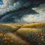 Placeholder: A collaboration between Salvador Dali, Vincent Van Gogh, and Jean Baptiste Monge. Swirling rainbow storm clouds over a vast field of long grass and plentiful flowers swaying in the winds. Modifiers: highly detailed elegant extremely detailed fantasy intricate high detail fantastic view close up ultra detailed