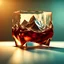 Placeholder: big ice cube shaped like extremely low poly mountain floating in glass filled with cola, photorealistic, strong bokeh