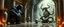 Placeholder: master oil painting by Escher and Giger, glaring vases and black humanoid reflective expressive long clunky obese elder troll spear bear and hidden magic aura golden eel djinni with beard inside marble hall library, cryptic eggs, sacred geometry, fire fog and steam border, fire elemental creature, twisted dimensional portal for ice elemetals only