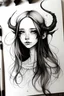 Placeholder: He drew in ink a girl with no features, only her eyes were completely white, and she had long hair and long horns