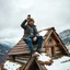 Placeholder: bearded man in a coon skin cap sitting on the roof of a rustic triangular shaped cottage holding a smart phone up over his head trying to get a signal, mountainous terrain, patchy snow on the ground and on the roof, cloudy day, photographic