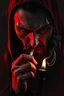 Placeholder: super close up view of an attractive but rugget looking gothic priest,he holds a burning sigarette while deep in thought , dark and somber vignette effect of lighting, style is dark and intense, with a blend of realism and abstraction. It uses a dramatic red and black color palette, textured brush strokes, and high contrast lighting to create a mysterious, haunting, and almost surreal atmosphere, highly detailed and realistic