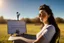 Placeholder: cute brunette woman listening a training in sunshine