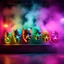 Placeholder: Hyper Realistic Photographic-View of Neon-Lighting-Comedy-Masks-Floating On A Cultural Stage with Cultural-Celebration & Cultural-Ornaments Wall Background With Fog showing Cinematic & Dramatic Ambiance.