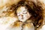 Placeholder: Small girl with long curly brown hair sleeping in god's hand (a big, clear hand) watercolor and ink, golden patina, glitters in ochre, backlit, mist and fog