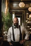 Placeholder: half figure shot photography of a 42 years old serious sicilian waiter in uniform, similar to Bud Spencer, shaved hair, muscular bearded strong chubby man with hands in the pockets, in an elegant empty restaurant, bulge, bullneck, manly chest, unshaved, short hair, photorealistic, dim light , side light, view from the ground