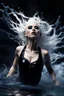 Placeholder: A beautiful Goth girl, dark black makeup, dark under eyes, white hair, action image of her braking water surface, freedom, dramatic, highly detailed, 8k, abstract