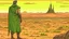 Placeholder: Desert warrior from behind looking at a city on a plateau in the distance, comic style