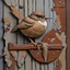Placeholder: Small brown wren with intricate feathers perched on a weathered barn door, the door is cracked and rotting with a rusting handle, intricate woodgrain patterns with peeling paint, rusted bolts, deep textures, acrylic art, highly detailed