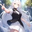 Placeholder: masterpiece, best quality, female, long white fluffy hair, hair between eyes, pointing, wearing a white shirt with a black collar, wearing a black vest, wearing a white skirts, {{{half body}}}