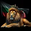 Placeholder: Create A hyper-realistic highly detailed image of a majestic lion lying down, wearing a royal crown. The lion's fur should be rich and textured, with a regal and powerful presence. Behind the lion, the flag of the Republic of Bulgaria waves gracefully, its white, green, and red colors vivid and well-defined. The background should be an elegant, deep black, creating a striking contrast that enhances the grandeur of the lion and the flag. The lighting should be dramatic, with