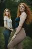 Placeholder: Create a portrait of two young women with different faces. Standing pose. One is slim and high with blond hair and blue eyes, and the second one is chubby and small with ginger hair and green eyes. Women look into eyes each other. Photo taken by a Mamiya M645 camera with a portrait lens on classic medium-format film