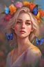 Placeholder: portrait of a young woman with a boy hair with a butterfly on her nose,She looks up ,colorful flowers in the background, by greg rutkowski, trending on artstation