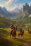 Placeholder: detailed oil painting, renaissance style, of mounted knights galloping across an open field, swords in hand, mountains in distance