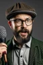 Placeholder: Man fires up with a microphone in his hand, wears glasses, hat, small beard, looks like a clog.