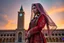 Placeholder: "A hyper-detailed digital painting of a young woman in traditional Azerbaijani folk costume standing in Tabriz Saat Square. She wears a floor-length crimson, gold, and sapphire embroidered dress with intricate embroidery, a translucent patterned ropush (scarf) draped over her head revealing braided hair with silver guppu (coins). The composition follows the rule of thirds, with the 19th-century clock tower framing her silhouette against a gradient sunset sky of tangerine and lavender. Ultra-deta