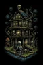 Placeholder: Science experiment Horror Doll house by Richard Corben, Todd Schorr, T-Shirt Design, Black Background