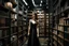 Placeholder: full-height shot of a woman in a tight black dress, inside a large magic book shop, shelving, lights, books, bottles, windows