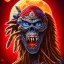 Placeholder: Portait Eddie mascotte iron maiden, bonnet rasta, yeux rouges, plage palmiers, nuit, lune rouge