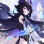 Placeholder: Clear focus,High resolution,Beatiful Lighting, black long fluffy hair, long fluffy bangs, purple eyes, custom genshin oc, must be wearing a short skirt, genshin impact name card