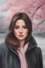 Placeholder: Young woman with large soft pink, lovely face, Dark brown eyes, elegant coat, dark medium hair, photorealistic, triadic colors, soft water colours painting, cherry tree background