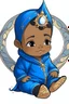 Placeholder: an anime style drawing of a black and asian baby boy. hes wearing blue medieval royal baby onesie. he is sun and moon themed.