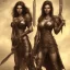 Placeholder: Warrior woman with medium wavy black hair, brown eyes, big breast, unclothed, glistening muscles, with a dagger in each hand.