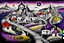 Placeholder: whimsical, weird ball-like houses stand in village in weird whimsical landscape with long bridges, , futur-surreal vibe with abstractions, around surreal cracked painted weird land with dark purple, gray, black, white, brown, and deep colors. style of Chagall , of Minjae Lee and Tim Burton, absurd beauty picture. weird bizarre absurd, nightmare, big neuron network background and thin bridges, surreal cinematic vibe