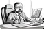 Placeholder: big russian man sitting at desk, portrait, speech, TV address, nametag, glasses, neck beard, short hair, mustache, suit; caricature style, sketch art; black and white; grayscale, pencil drawing