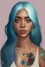 Placeholder: Young woman with big grey eyes, brown skin, rosy cheeks, long silver earrings, really long straight blue hair, round face, slim body, big bobs, green shirt, red flower tattoo on collarbone,