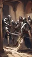 Placeholder: A group of Muslim knights kill a knight with a sword, inside his house