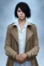 Placeholder: upper body portrait of a young girl from final fantasy live action, with short black hair and green eyes in a tan trenchcoat over a white shirt, award winning, masterpiece digital painting by greg rutkowski, alex grey, artstation, 4k wallpaper