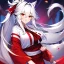 Placeholder: Clear focus, 8k, beautiful lighting, vibrant colors, fox girl, white hair, long hair, vibrant red eyes, ponytail, messy hair, hair in between the eyes, miko,