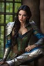 Placeholder: Realistic photography, realism, model figure, female half elf, attractive, dark hair, long and subtle stylish layer hair style, front view, intricate white leather armor with blue streaks, dark aristocrat pants, blue detailed plating, detailed part, brown dark eyes, green garden background behind window, dawn, full body shot, looking at viewer