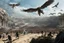 Placeholder: View of Elysium with winged females flying over people running away in fear