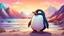 Placeholder: A little penguin on the seashore with colorful mountains behind him, smiling with a beautiful sunset and childish colors in a cartoon style.