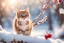 Placeholder: A beautiful colourful little cat catches a red berry while standing on a snowy branch in sunshine, ethereal, cinematic postprocessing, bokeh, dof