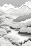 Placeholder: create a black and white coloring book page of - Mount Fuji - the iconic beauty of Japan's highest peak, with its distinctive conical shape and surrounding landscapes. line-art , cartoon style, no borders, crisp lines, NO SHADING / GREYSCALE, BLACK & WHITE ONLY, suitable for kids 8-12 yrs, 3d render