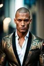 Placeholder: portrait of a 35 year old Handsome muscular male with light bronze skin adorned with tattoos. buzz cut hair. wearing an expensive suit. photorealistic