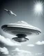 Placeholder: Design a retro futuristic, UFO hovering in a clear blue daytime, photorealism, surrealism, black and white photography, analog film, highly detailed