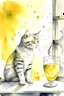 Placeholder: painting of a cat that is touching a glass of water with its paw, the cat is in the center of the picture taking up only one third of the image, in watercolour, in the background a yellow wall with a window and curtains, splatter, art, aquarell, pastell, ink, soft, negative space around the outside of the picture, white outlines