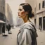Placeholder: [Part of the series by Guy Borremans] In a bustling city, a woman resembling Athena emerges, exuding wisdom and strength.