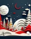 Placeholder: papercut craft of Christmas night, snowman in fluid red and silver, golden red ornaments and pale gift boxes, full moon, Christmas tree,