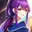 Placeholder: girl, masterpiece, best quality, volumetric lighting, detailed outfit, perfect eyes, long hair, purple hair, red eyes, twin low ponytail, school outfit, laughing,