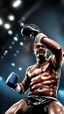 Placeholder: paralympics, knock out in the ring, picking up body, in spotlight, magazine cover illustration with spray paint, signed, bokeh like, down-light, unreal engine, prize winning